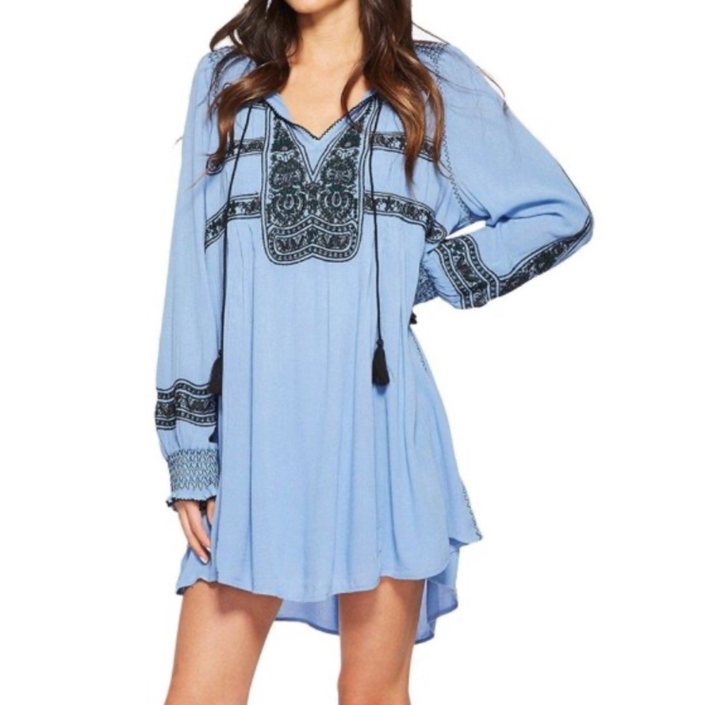 FREE PEOPLE Blue Embroidered Long Sleeve Keyhole Mini Trapeze Dress